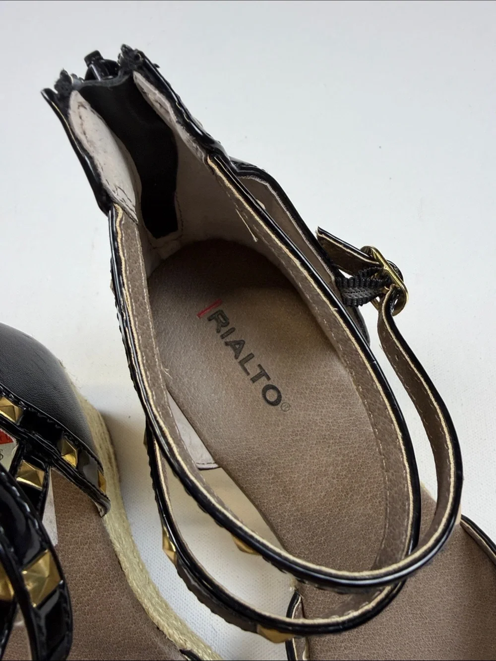 RIALTO BLACK STUDDED ESPADRILLE WEDGE PUMPS POINTED TOE ANKLW STRAP SIZE 9.5